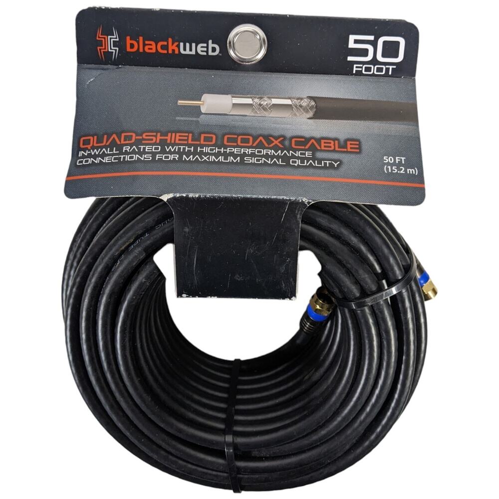 50 Foot Coax Cable BLACK WEB Blackweb 18 AWG Quad Shield Cable TV Internet Modem